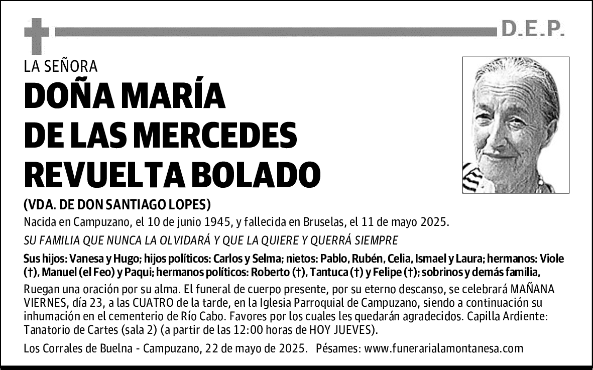 DOÑA MARÍA DE LAS MERCEDES REVUELTA BOLADO