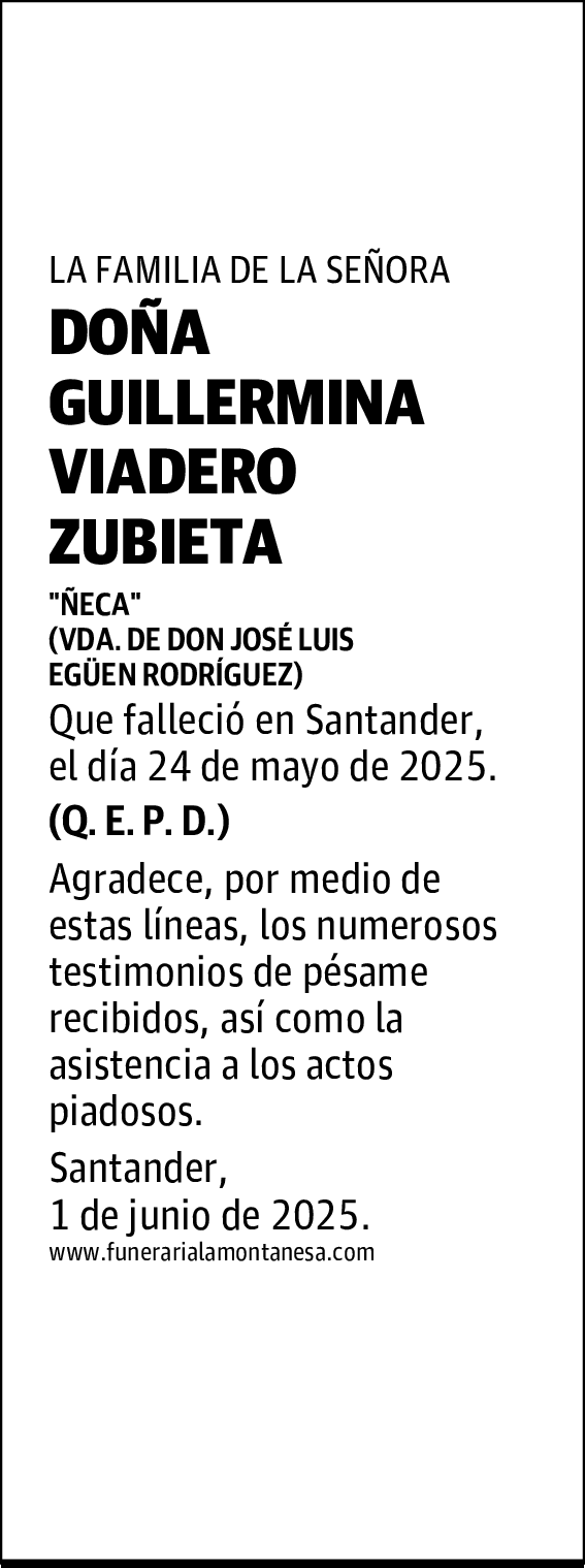 DOÑA GUILLERMINA VIADERO ZUBIETA