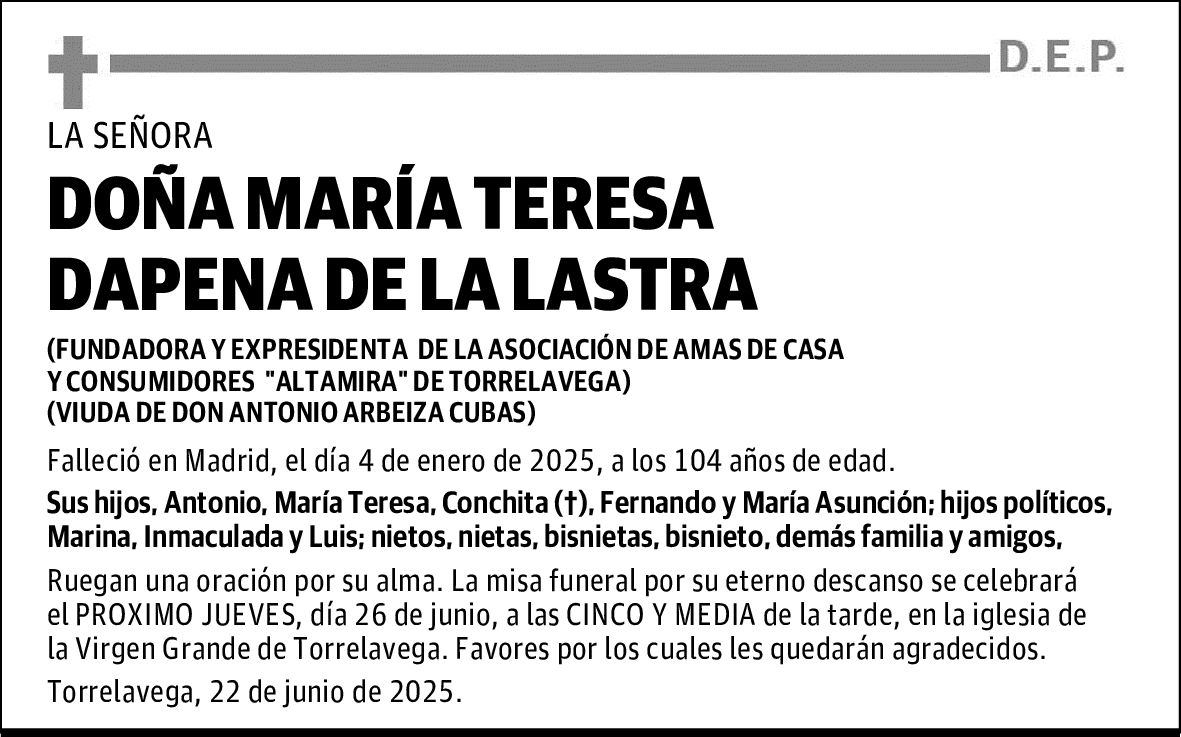 DOÑA MARÍA TERESA DAPENA DE LA LASTRA