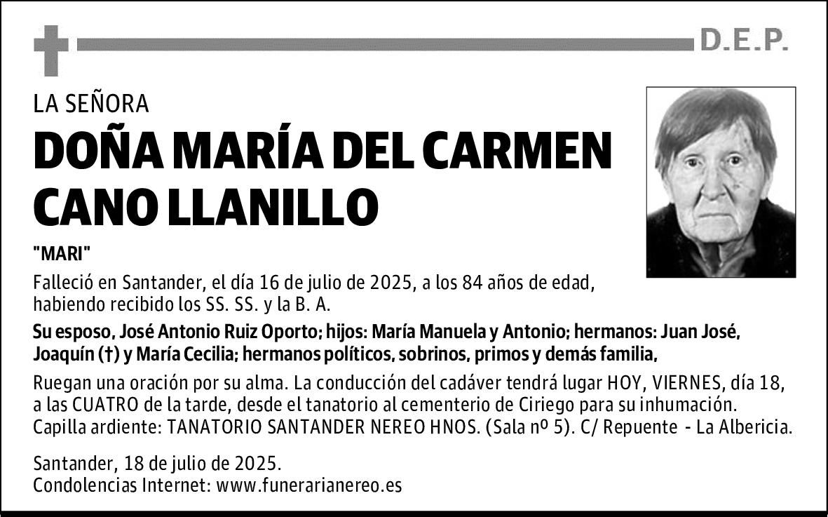 DOÑA MARÍA DEL CARMEN CANO LLANILLO