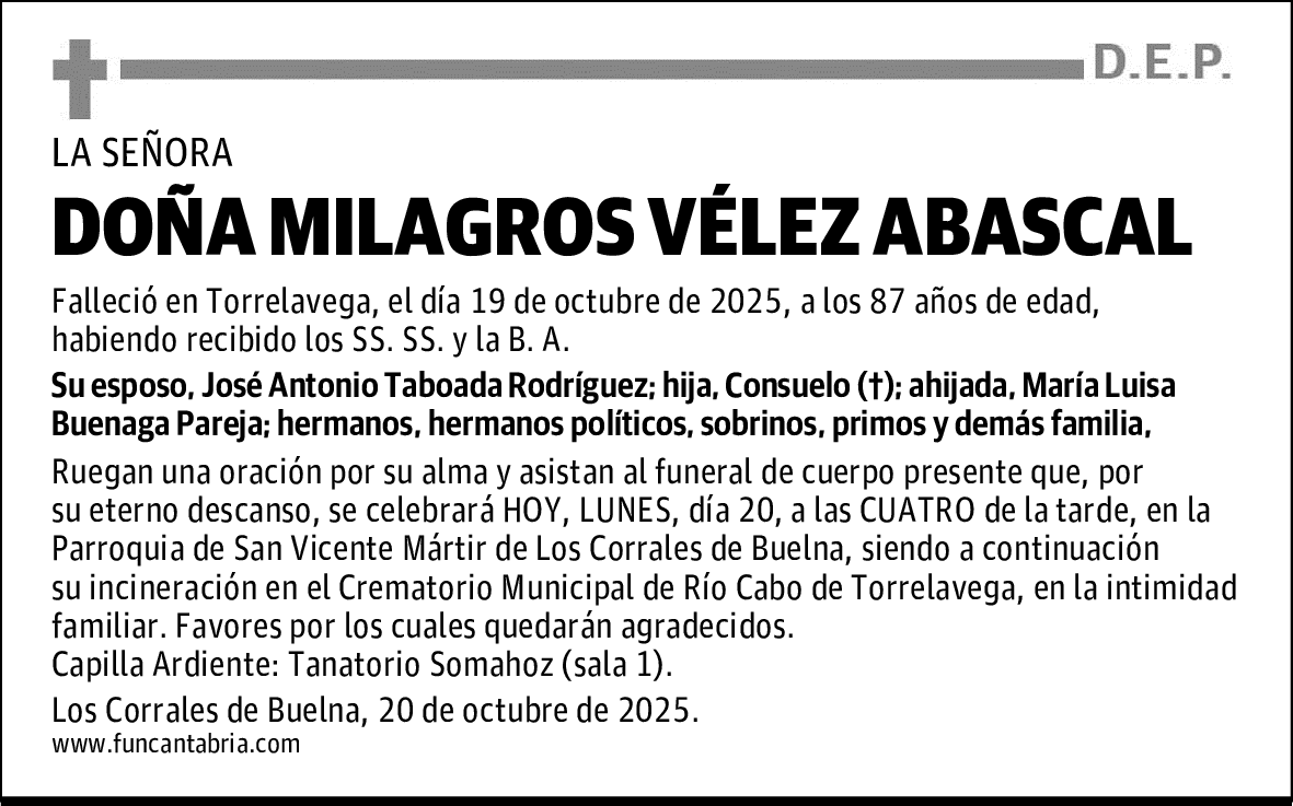 DOÑA MILAGROS VÉLEZ ABASCAL