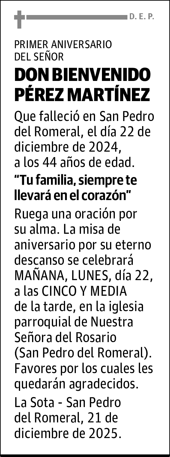 DON BIENVENIDO PÉREZ MARTÍNEZ