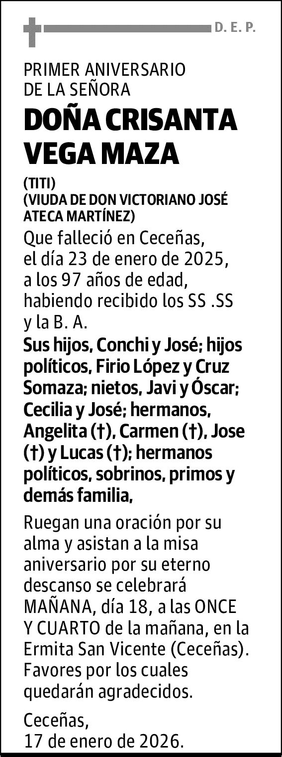 DOÑA CRISANTA VEGA MAZA