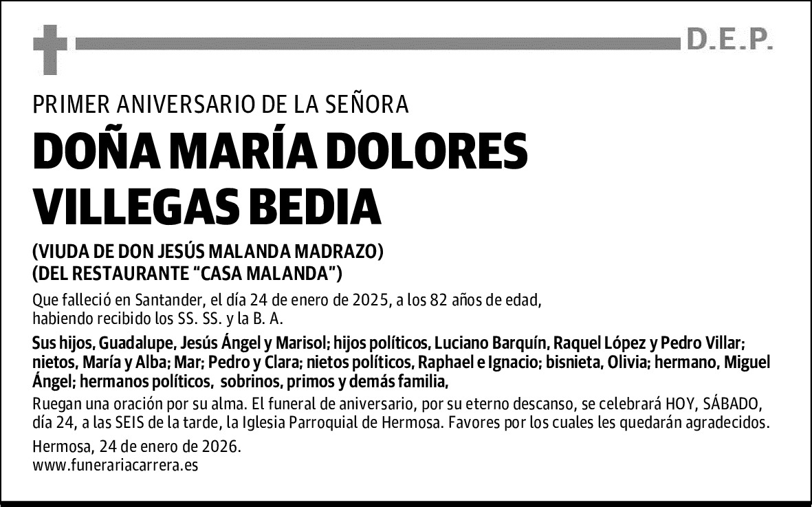 DOÑA MARÍA DOLORES VILLEGAS BEDIA