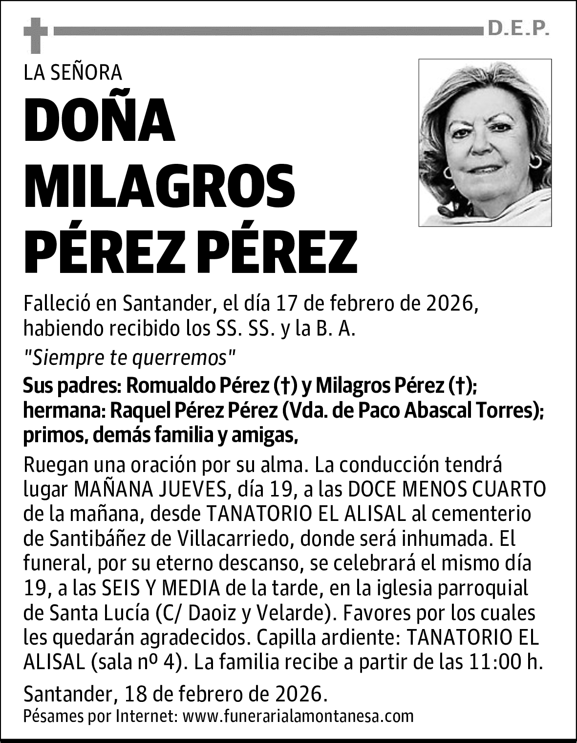 DOÑA MILAGROS PÉREZ PÉREZ