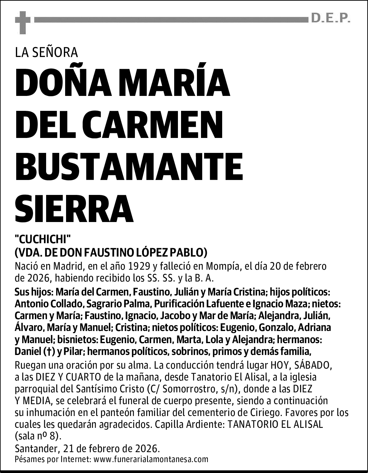 DOÑA MARÍA DEL CARMEN BUSTAMANTE SIERRA
