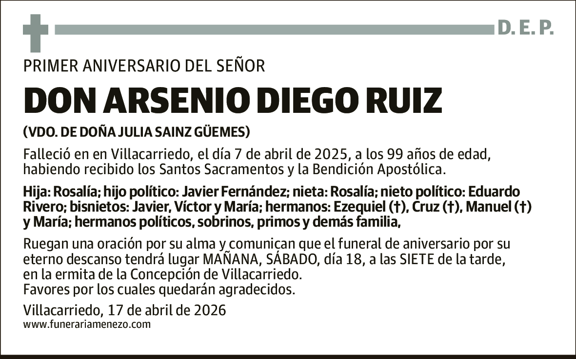 Arsenio Diego Ruiz | Esquela | El Diario Montañés