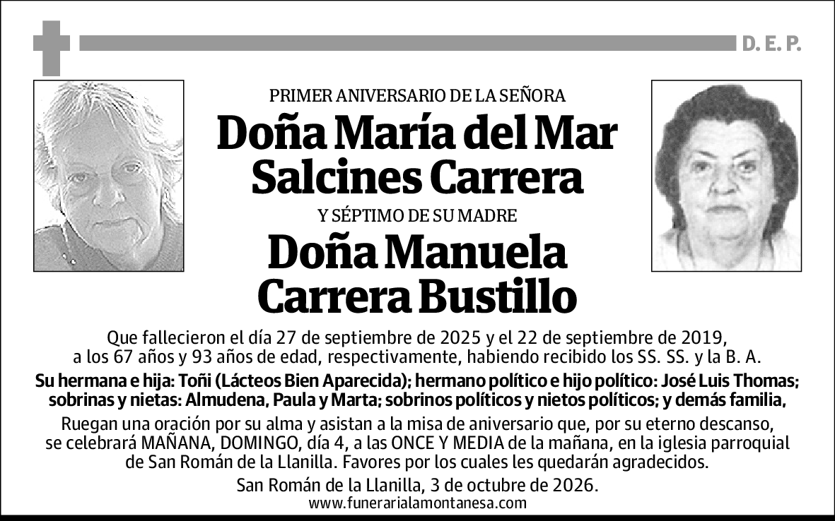 María del Mar y Carrera Bustillo, Manuela Salcines Carrera