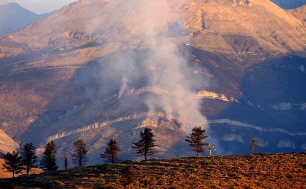 Un incendio provocado está activo en la zona de Peña Negra en Vega de Pas