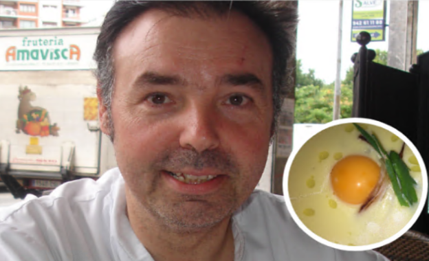 Crema de puerro, crujiente de cebolleta y yema de huevo confitada, al estilo del Marítimo