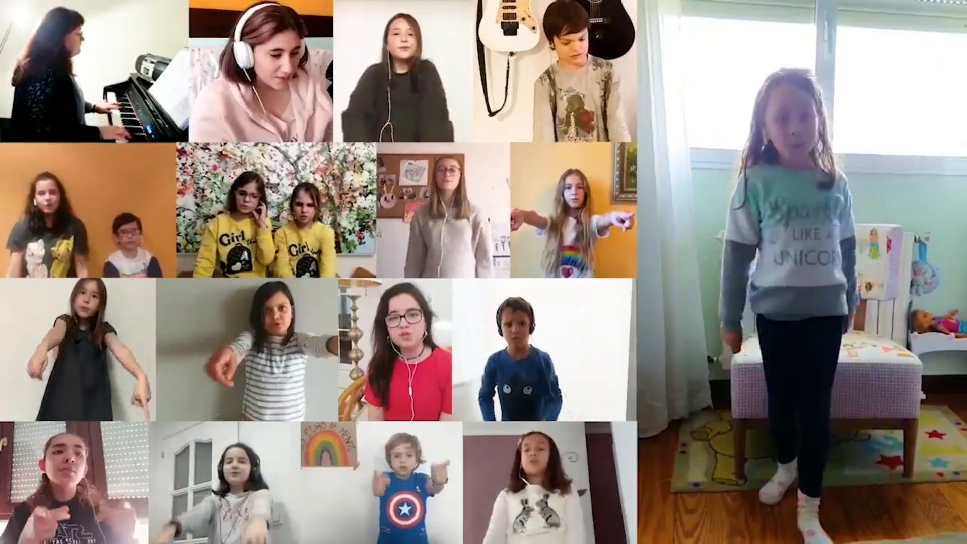 Jóvenes integrantes del Coro Kinder de Cantabria cantan una canción desde sus casas