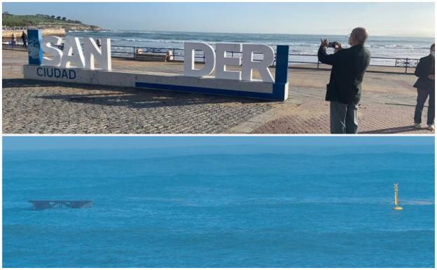 Olas gigantes tumban el aerogenerador flotante y el letrero de cemento de 'Santander ciudad' en El Sardinero