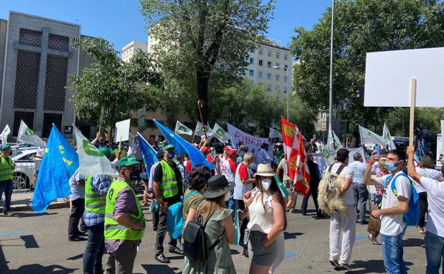 Un gran grupo de cántabros, en la protesta ante el Ministerio de Teresa Ribera por su decisión de proteger al lobo