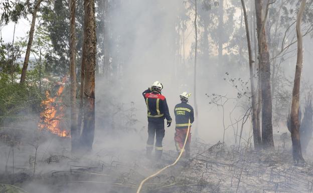 Los bomberos de Torrelavega extinguen un aparatoso incendio en Torres Arriba, cerca del parque de La Viesca