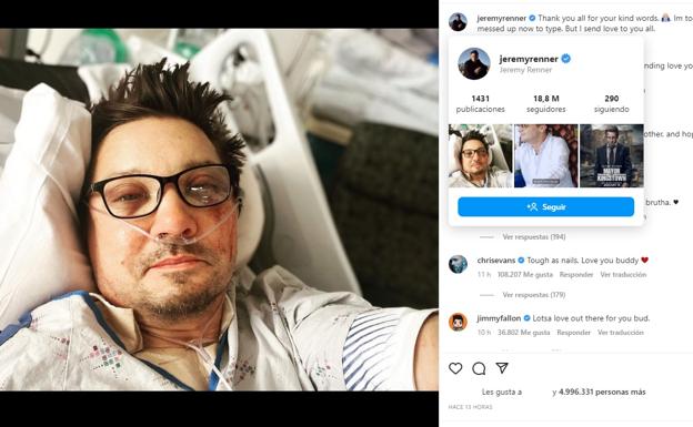 El actor Jeremy Renner reaparece tras su grave accidente: «Gracias por vuestro cariño»