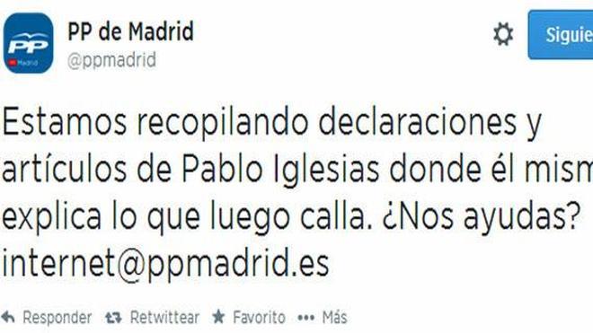 El PP de Madrid lanza una campaña en Twitter contra Pablo Iglesias