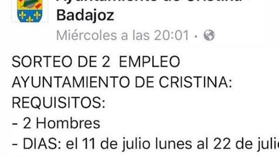 Un pueblo extremeño sortea dos puestos de trabajo solo para hombres