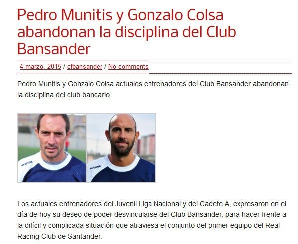 El Bansander anuncia que Munitis y Colsa dejan la entidad "para hacerse cargo del Racing"